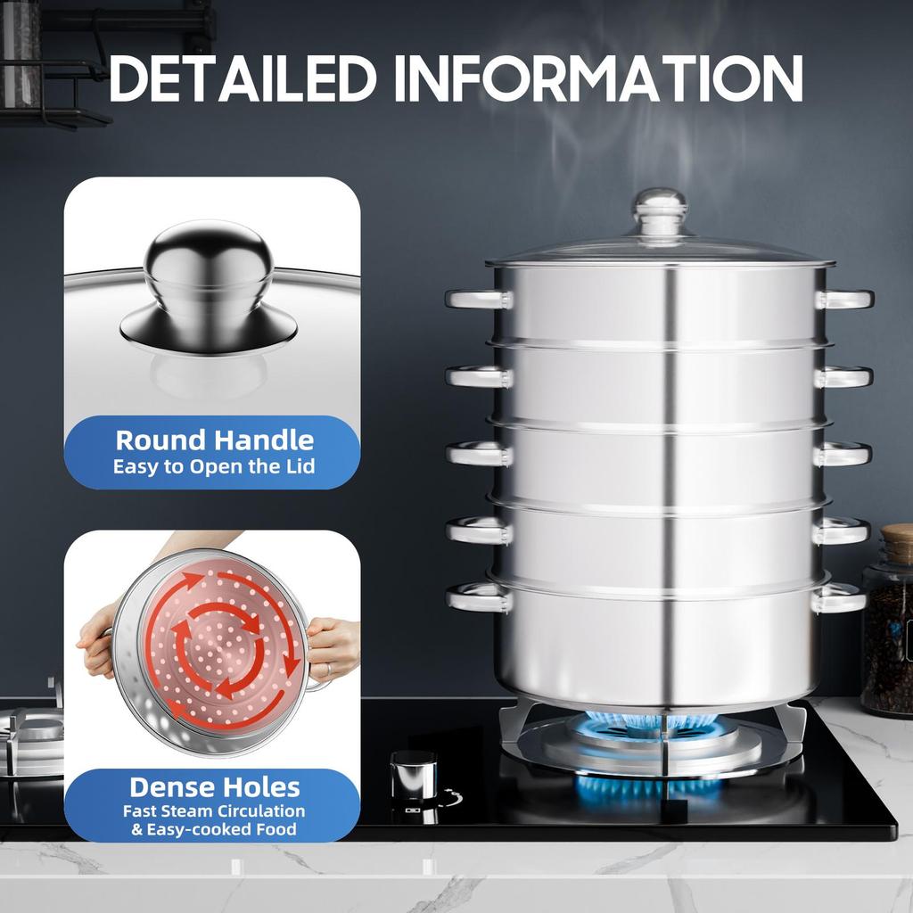 Panela de Cozimento a Vapor de Aço Inoxidável de 5 Camadas - Vaporizador de 11 Polegadas para Cozinhar Alimentos - Tampa de Vidro - Adequado para Tamales, Legumes, Bolinhos e Frutos do Mar