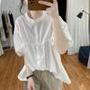 Women's Casual Loose Cotton Blouse Stand Collar Half Puff Sleeve Button Down Shirt Pleated Flowy Summer Top