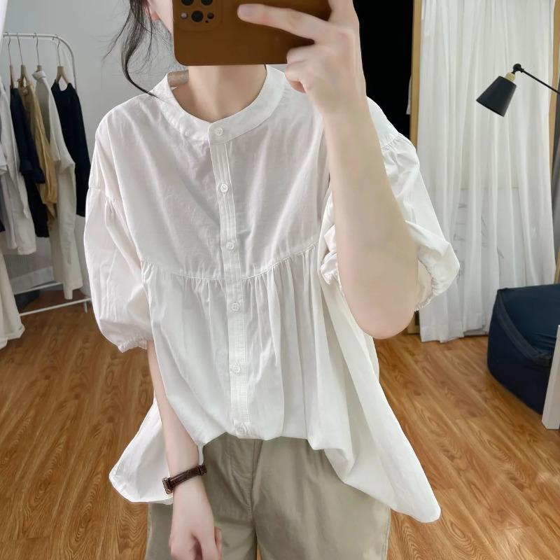 Women's Casual Loose Cotton Blouse Stand Collar Half Puff Sleeve Button Down Shirt Pleated Flowy Summer Top