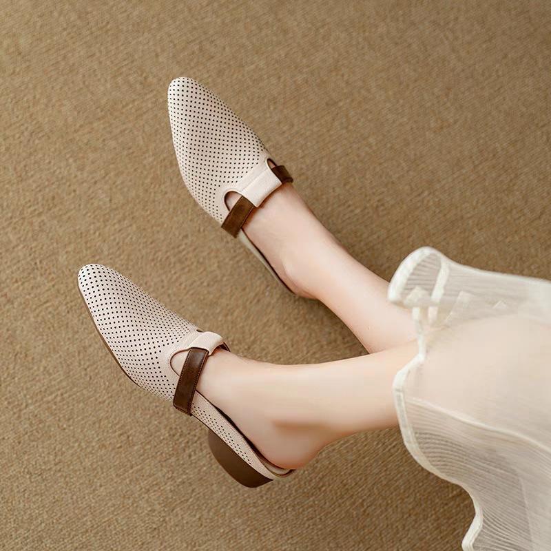 French Breathable Hollow Bag Head Half Slippers Women's Summer 2025 New Commuter Pointed Sandals Lazy Low Heel Muller Shoes