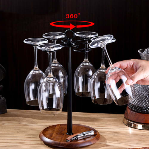 Wine Glass Rack, Tabletop Wine Glass Rack, Standing Countertop Organizer, Metal Wine Glass Rack with Wooden Base, Holds 6 Glasses (Black)