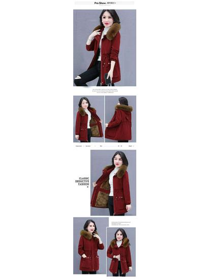 New Slim Fit Mid-Length Cotton Parka with Fur Collar and Cinched Waist