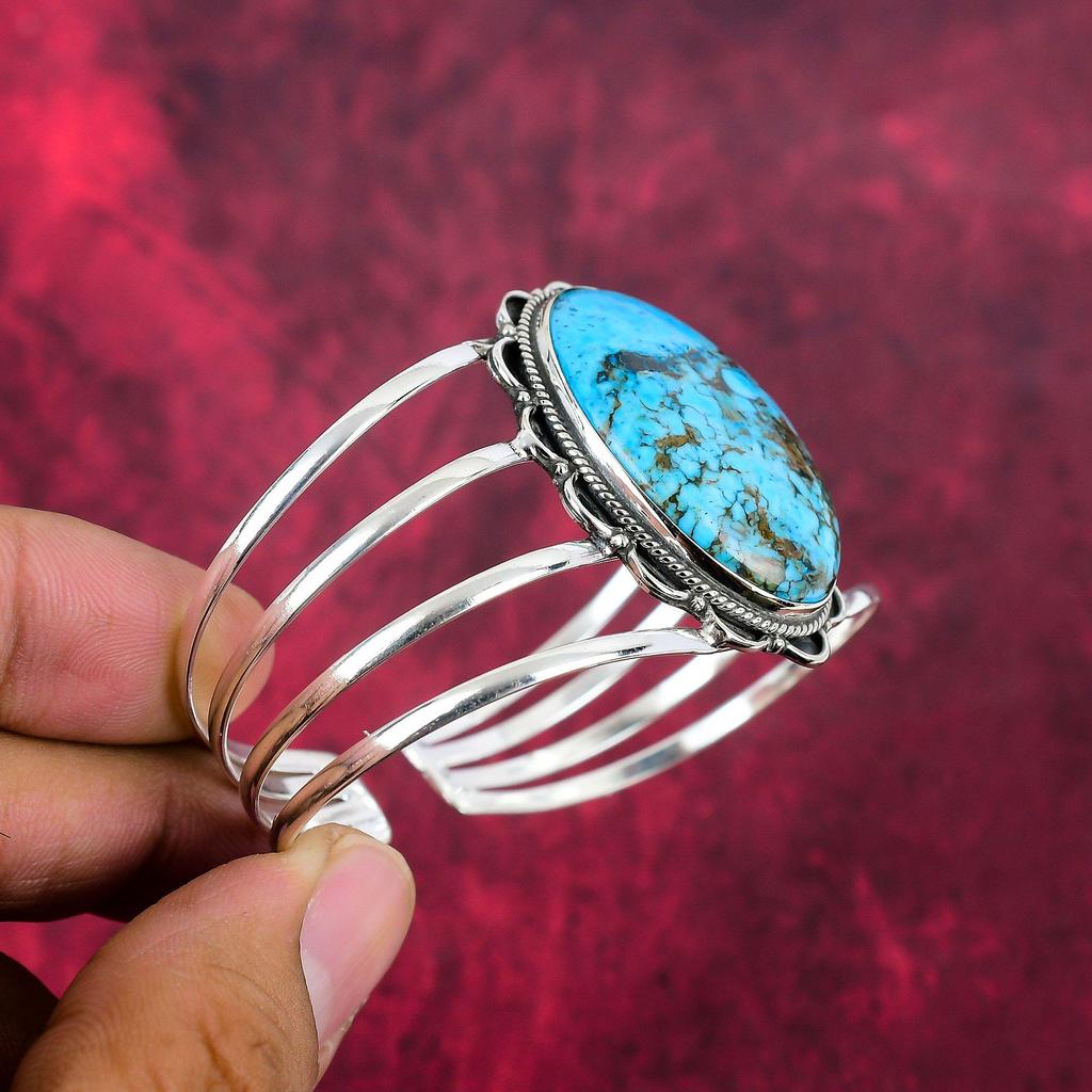 Blue Turquoise Handmade Gemstone Bangle, 925 Solid Sterling Silver Antique Jewelry Bangle, For Engagement Gift