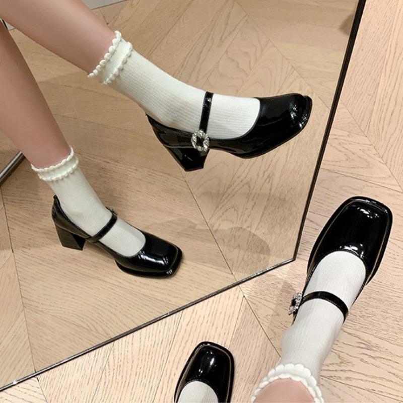 Sheepskin~ High heels women's rhinestone Mary Jane shoes thick heel one-word buckle leather shoes light mouth versatile single shoes