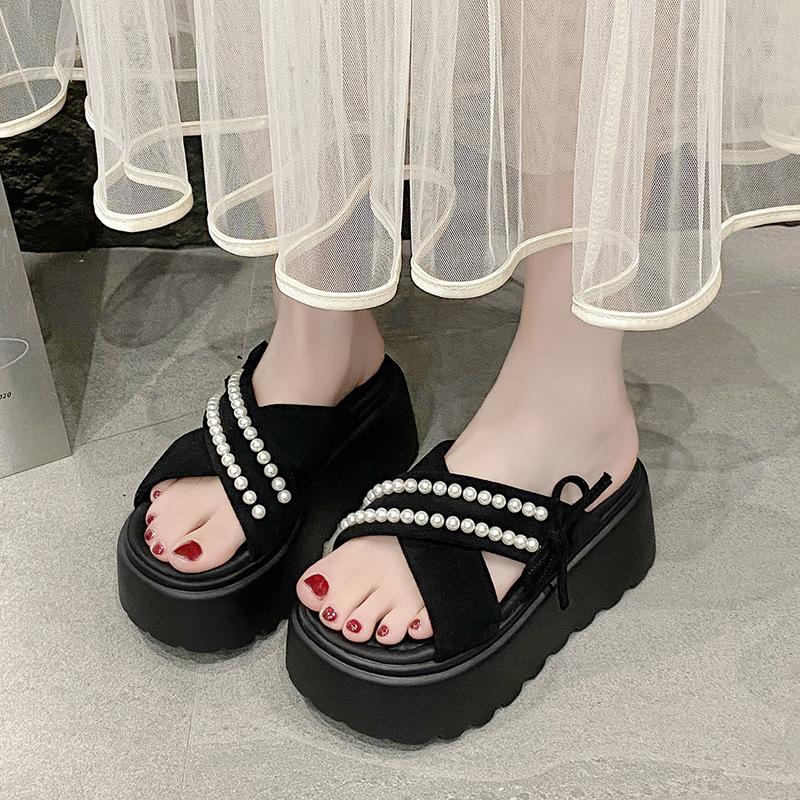 

Fairy wind bow pearl thick bottom heightening slippers female 2025 summer new small muffin comfortable one-word drag 39 чёрный