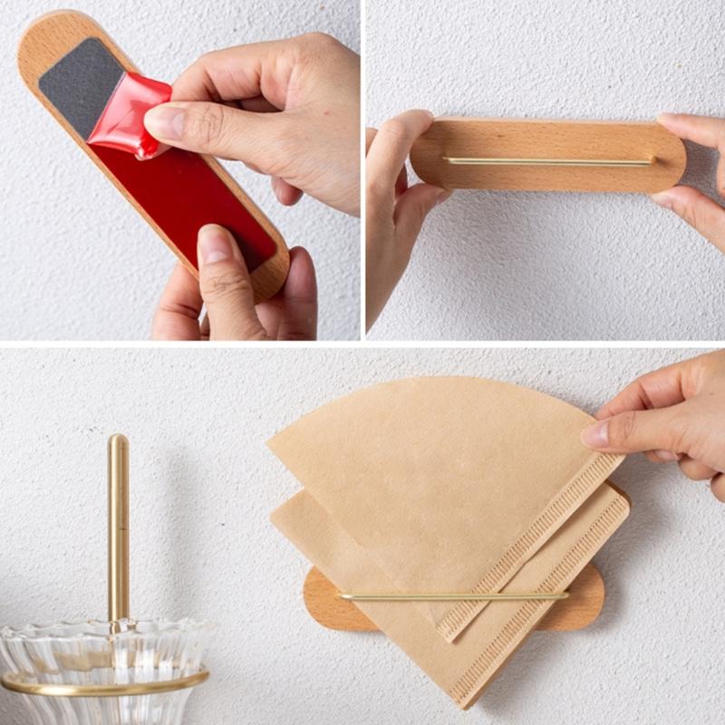 Strong Adhesive Coffee Filter Paper Organiser With Adhesive Backing Wooden Wall Mount Holder Kitchen Accessory