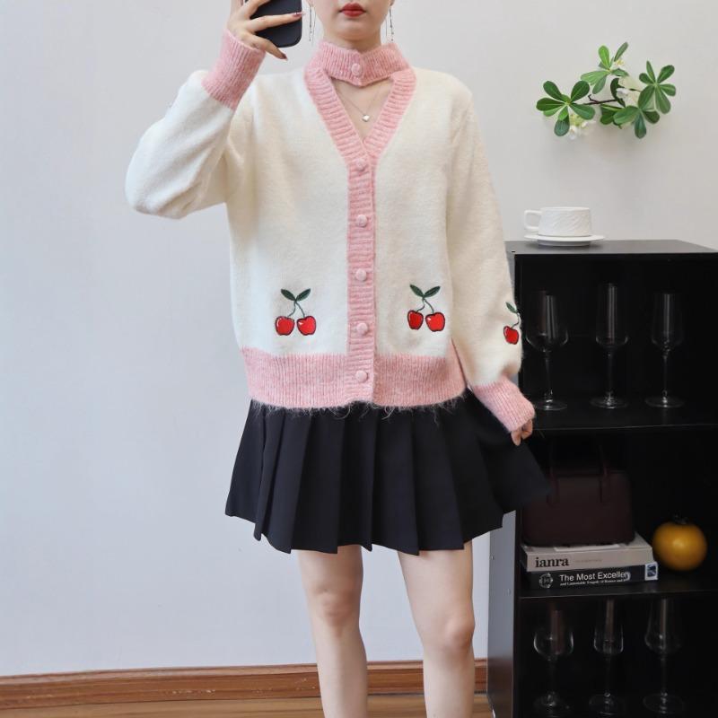 Autumn and Winter New Cherry Contrasting Color Design Sense Knitted Cardigan Sweet Gentle Wind Loose Sweater Jacket Women
