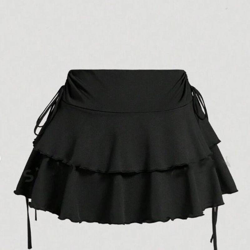 

2025 New European and American Sweet Lace-up Versatile High Waist Cake Skirt Layered Patchwork Sexy Fashion Short dress Black L