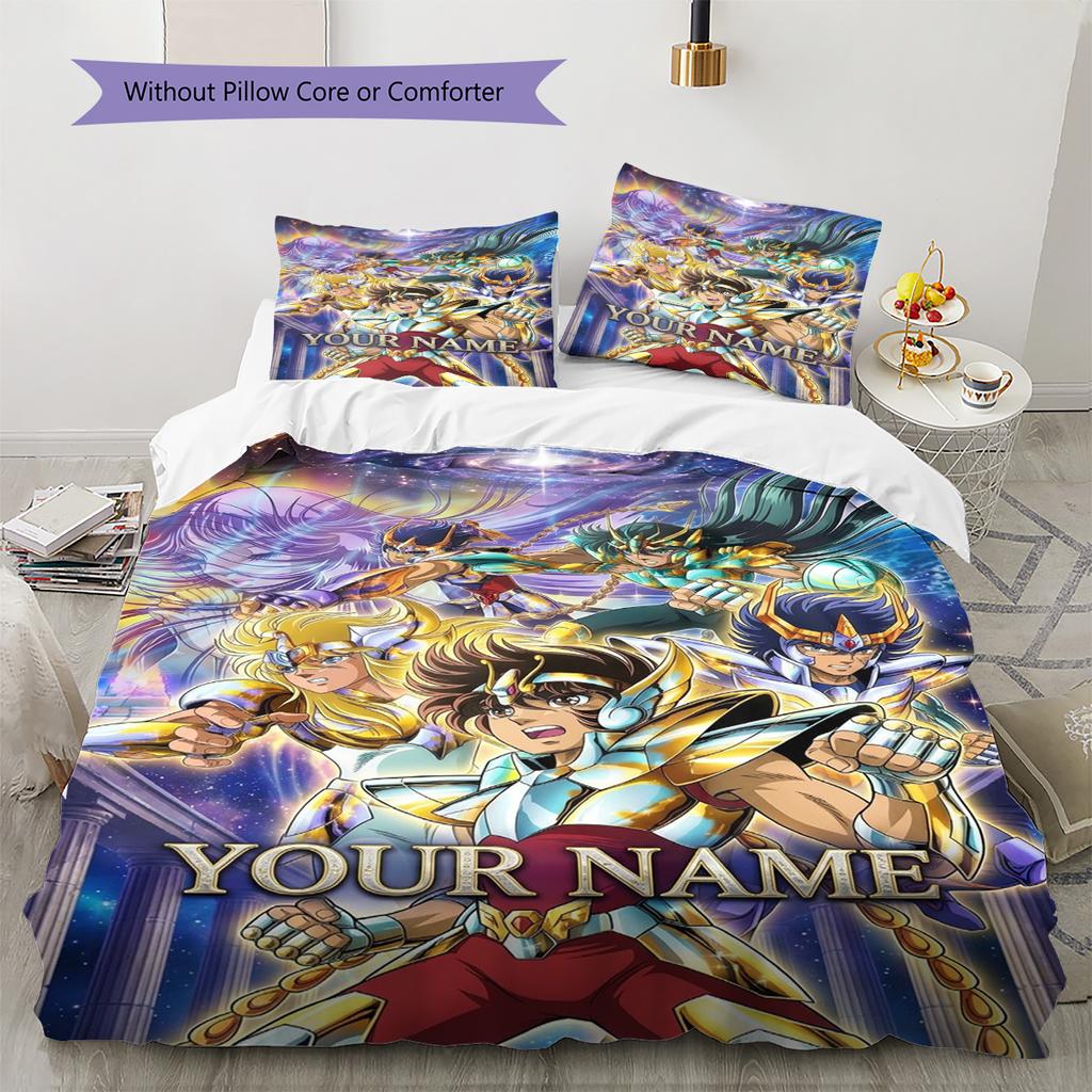 Name Custom Anime Saint seiya Pattern Bedding Set Quilt Cover Pillowcase Home Decor Gift (1 * duvet cover + 2 * pillowcase, without core)