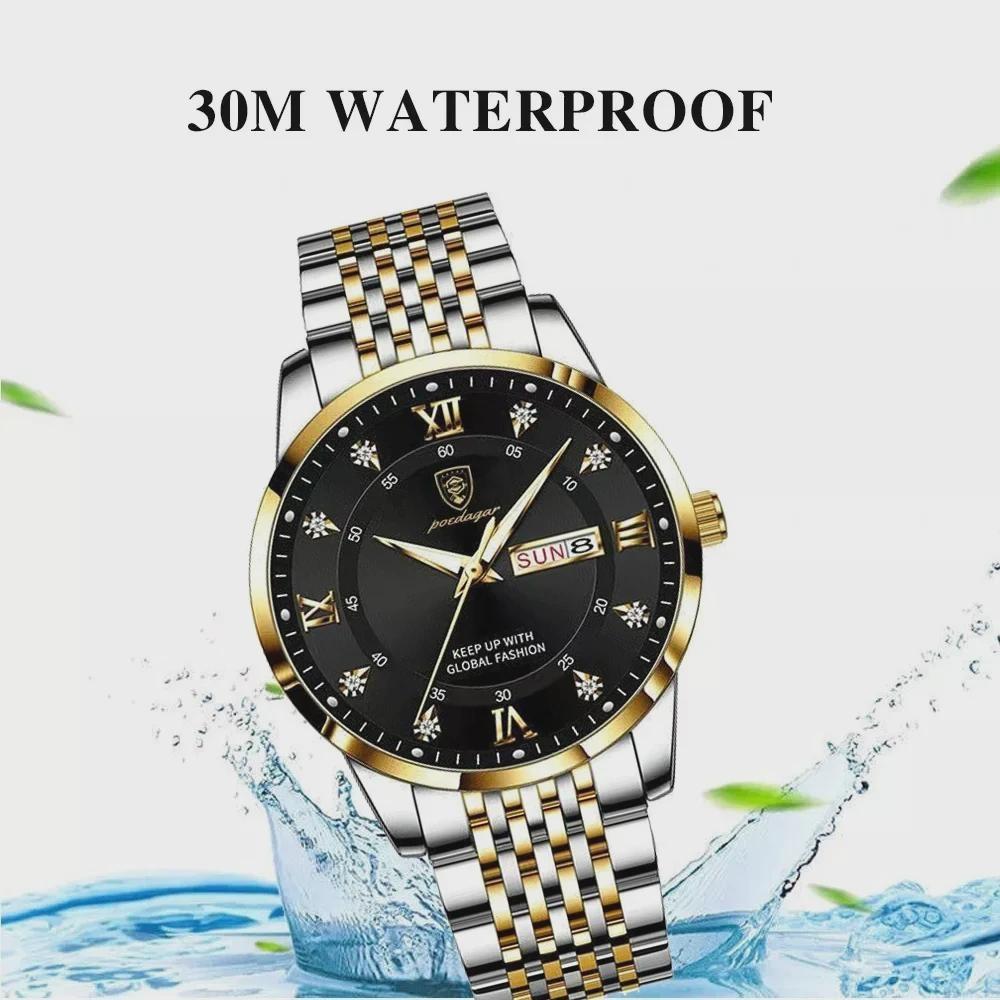 POEDAGAR Luxury Business Man Watch Stainless Steel Week Date Men's Wristwatch Waterproof Luminous Fashion Quartz Watches for Men