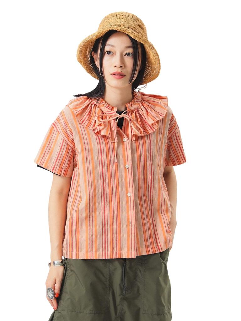 Beams Boy Women's Striped Ruffle Short Sleeve S/S Shirt, Pink Free