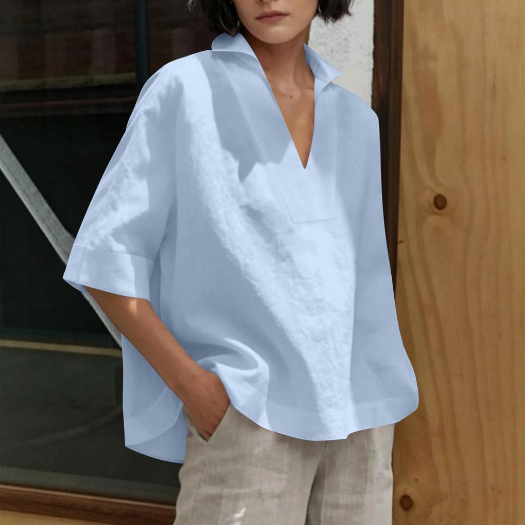Women's Fashionable Casual Loose Fit Comfortable V Neck Shirt Versatile Three Quarter Sleeve Plus Size Top
