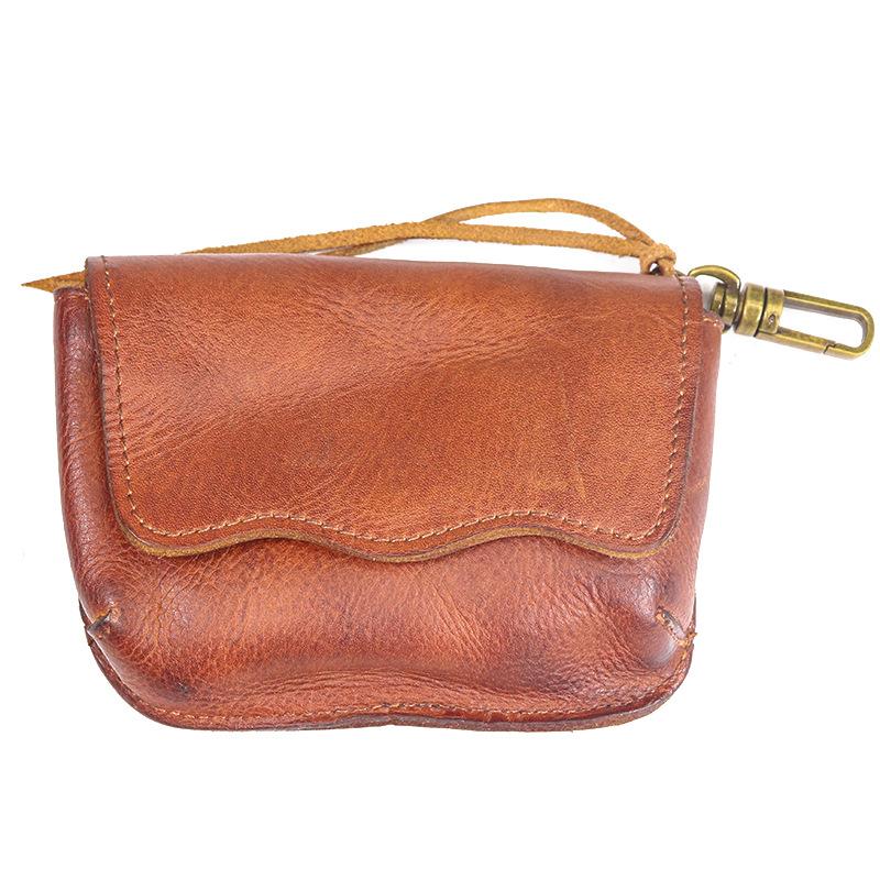 Head Layer Cowhide Key Bag for Men, Made of Aged Vegetable Tanned Leather, Pleated Waist, Hanging Key Buckle, Multifunctional Coin Purse