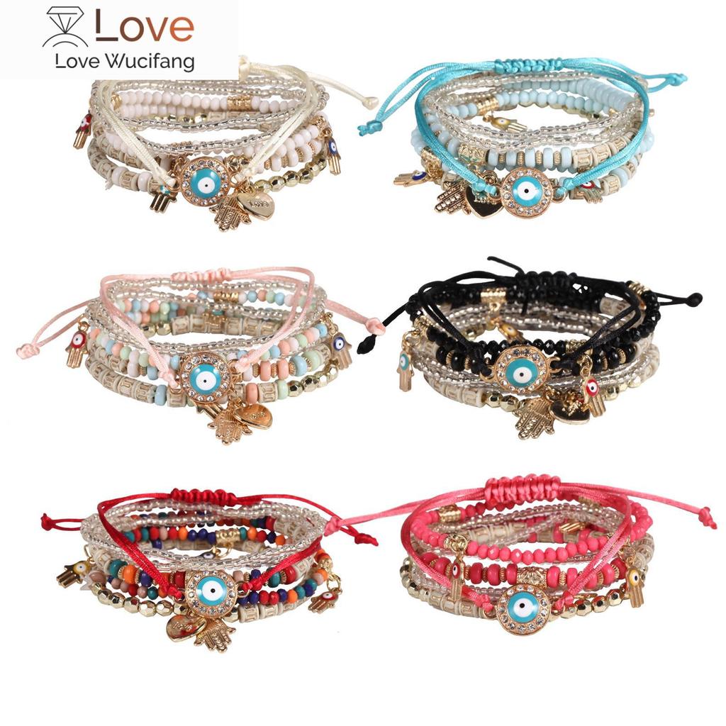 Evil Eye Beads Bracelet Set For Women Bohemia Fatima Hand Charm Beaded Chain Bangle Girls Boho Party Jewelry