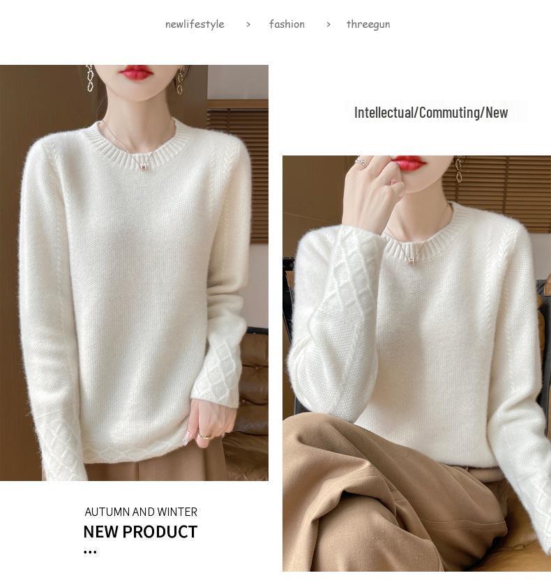 Women's 100% Wool Thick Knitted Slim Sweater, Round Neck, Versatile Base Layer for Autumn/Winter Fashion.