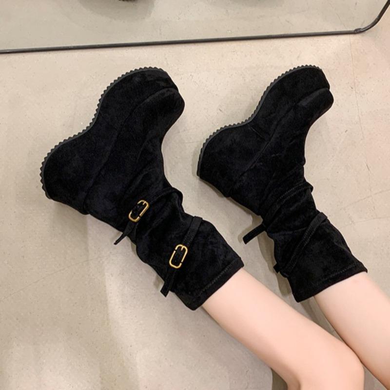 Modne Damskie Botki na Platformie z Zamszu do Połowy Łydki 2025 Zimowe Modne Buty Projektant Eleganckie Nowe Długie Kozaki Casualowe Wygodne Zapatillas De Mujer