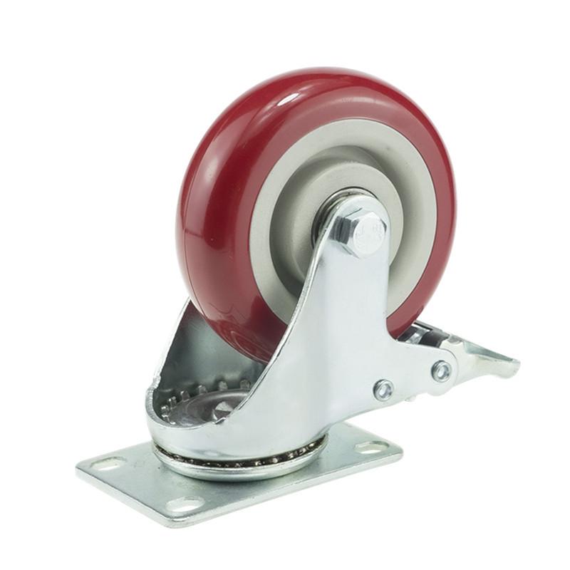 Medium Red Double Bearing Universal Caster Wheel with Brake, Round Edge, Silent PU, Sizes: 2.5", 3", 4", 5"
