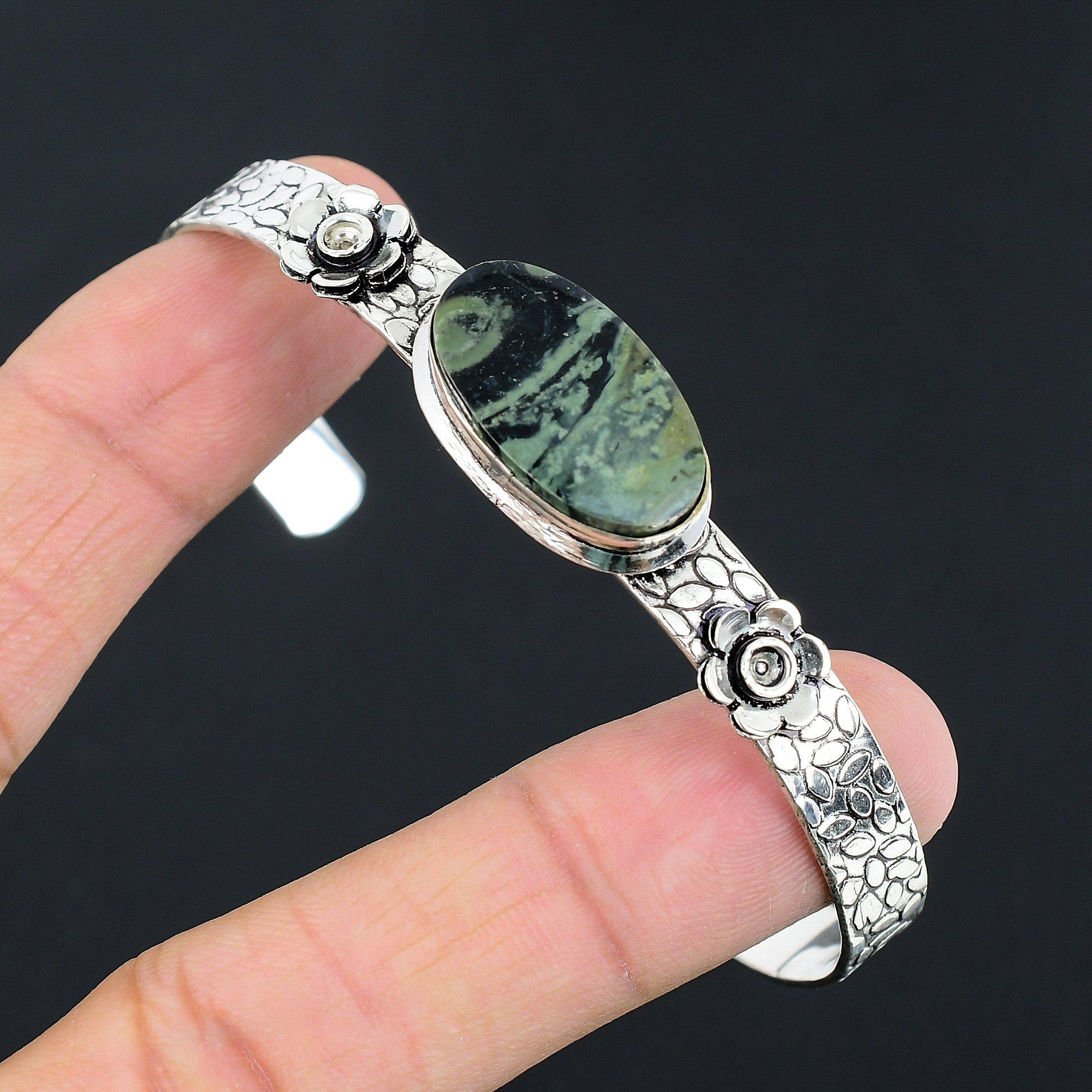 

Natural Kambaba Jasper Gemstone Bangle Flower Adjustable 925 Silver For Women Adjustable