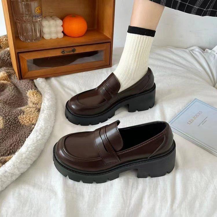 Fashionable versatile Thick soled plus size women shoes Spring Autumn new version round toe comfortable high heels shoes 35 коричневый 1980₽