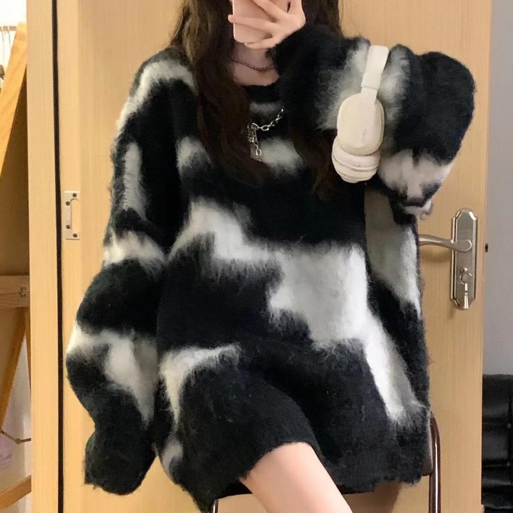 Ladies Autumn Winter Long Sleeve O Neck Color Block Knitted Plush Blouse Sweater Top