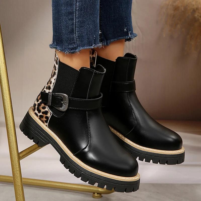 Fashion Buckle Platform Chelsea Boots Women Slip on Pu Leather Leopard Print Ankle Boots Woman Plus Size 36-43 Thick Sole Botas