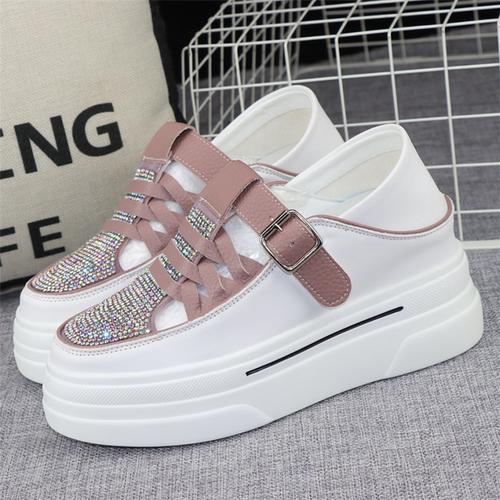 Mode 8CM Strass Leder Damen Sandalen Schnallensandalen Sommer Mode Plateau Keil Absätze Klobige Sneaker Bequeme Damenschuhe