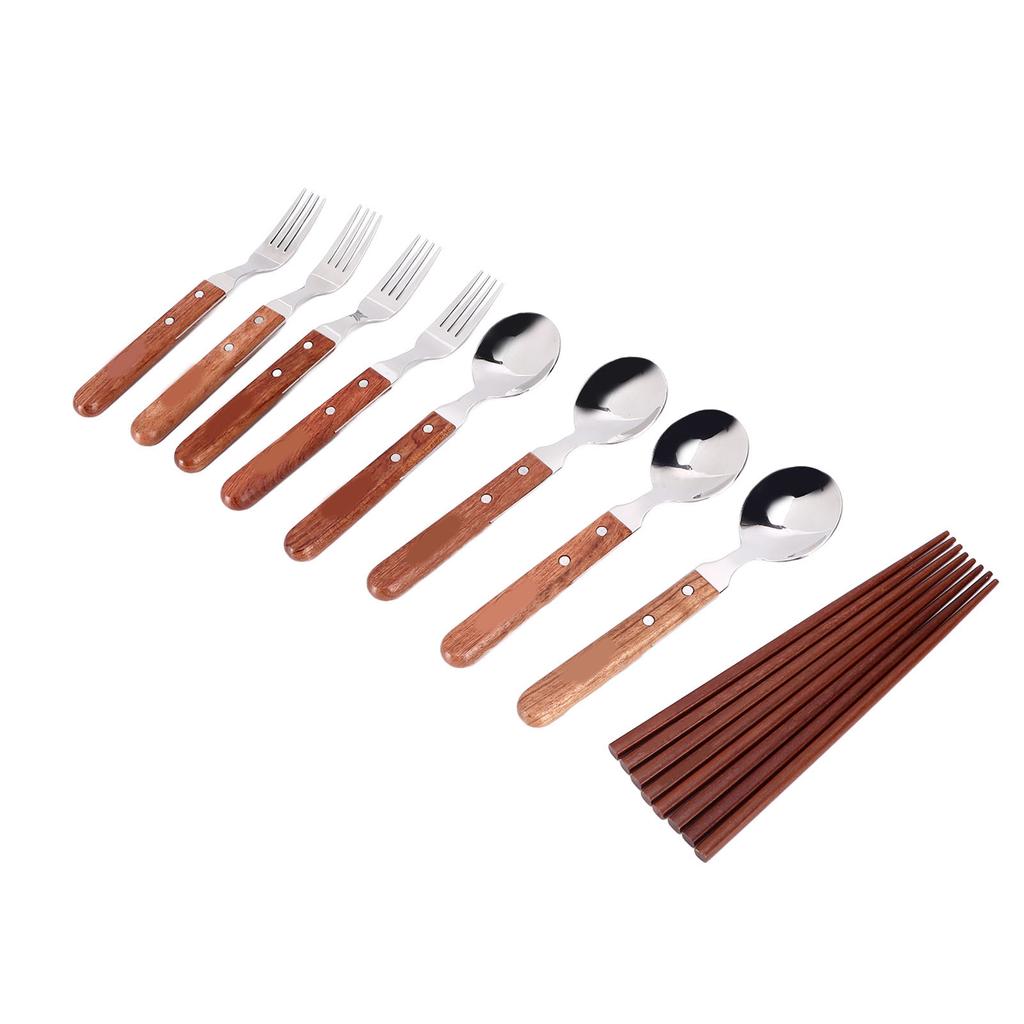 12 Pcs Stainless Steel Wooden Handle Tableware Set Outdoor 4 Person Spoons Forks Chopsticks Set for