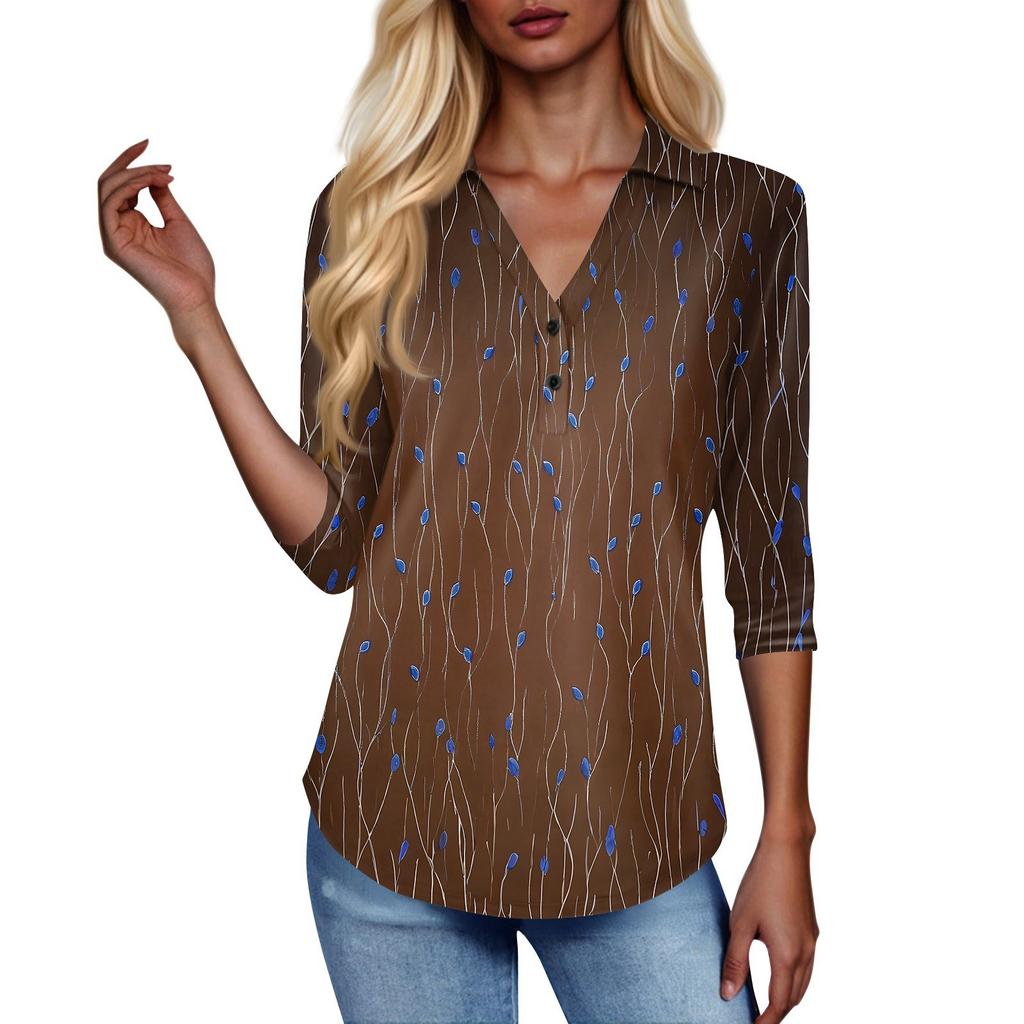 Women's Fashion Casual Lapel Short 3/4 Sleeve Print Shirt Women's V-Neck Button Tops
