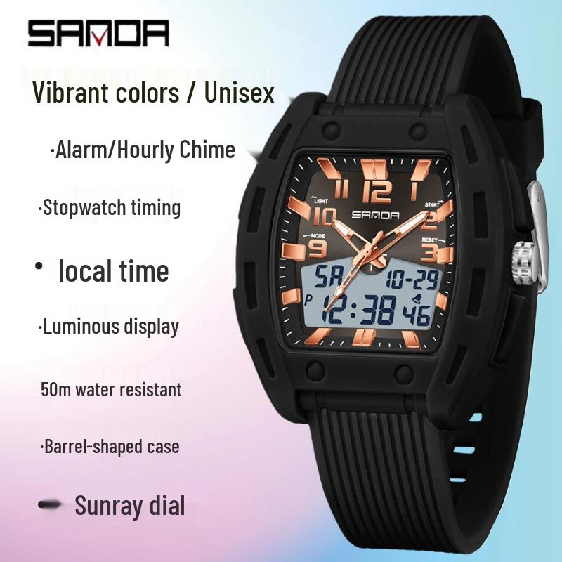 SANDA Men's Waterproof Luminous Sports Watch - Countdown & Multifunctional Barrel-Shaped Electronic Watch with Large Dial