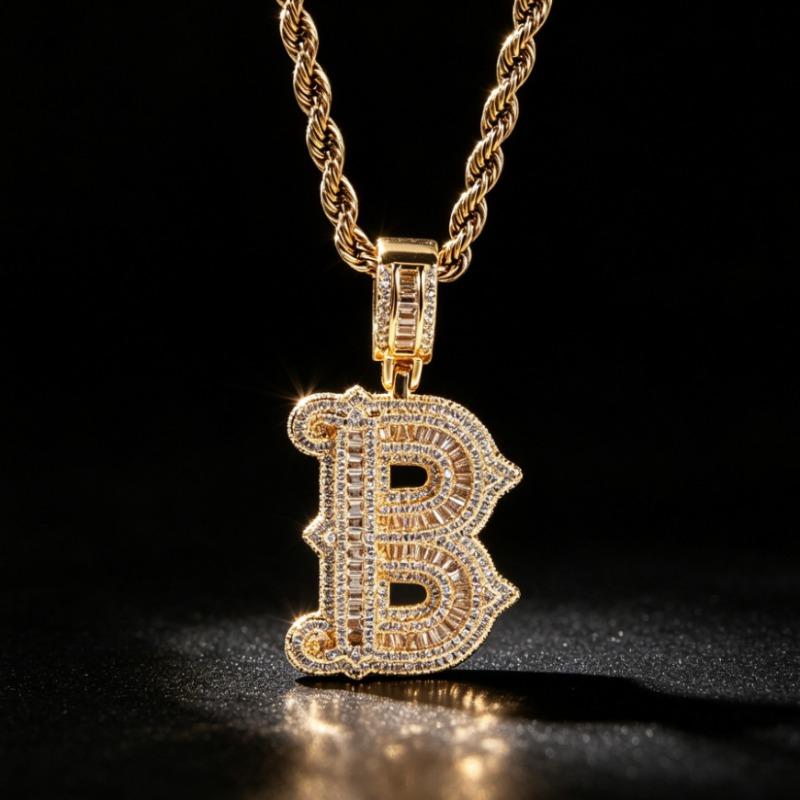 European and American New Hip Hop 26 English Letter Necklace Copper Set Zircon with Thorn Rock Sugar Letter Men's Necklace Pendant