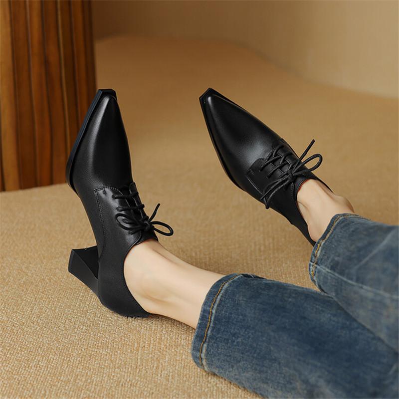 Moda Nuevos Zapatos de Mujer de Primavera de Cuero de Vaca Punta Afilada Zapatos de Salón para Mujer Encaje Tacones Altos Zapatos Mujer Mocasines Zapatos de Señora