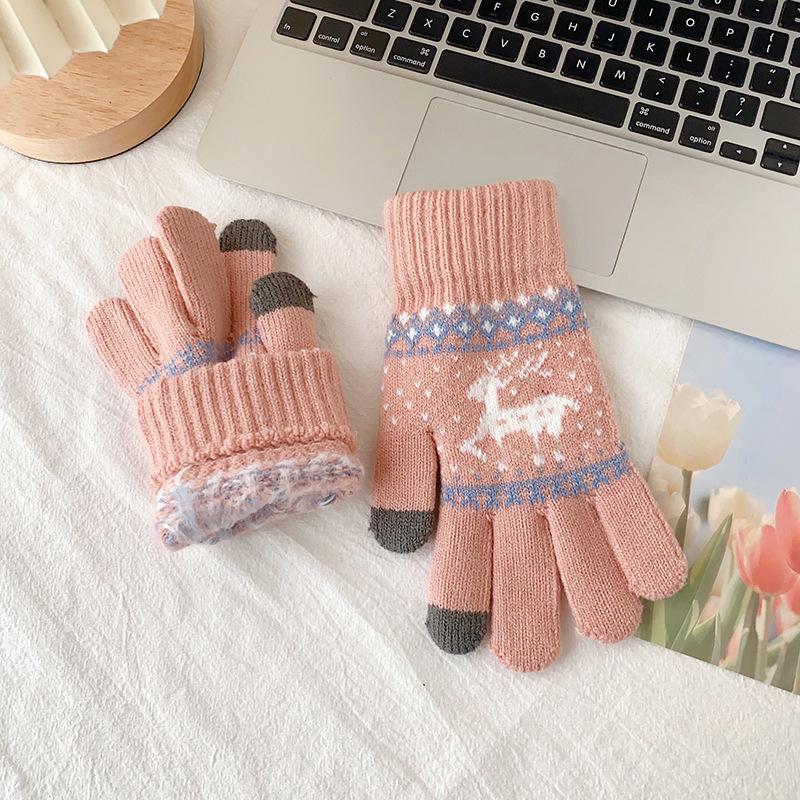 Damen Winter Warme Touchscreen Handschuhe - Dickes Samtstrick mit Niedlichem Elchmuster für Outdoor Radfahren