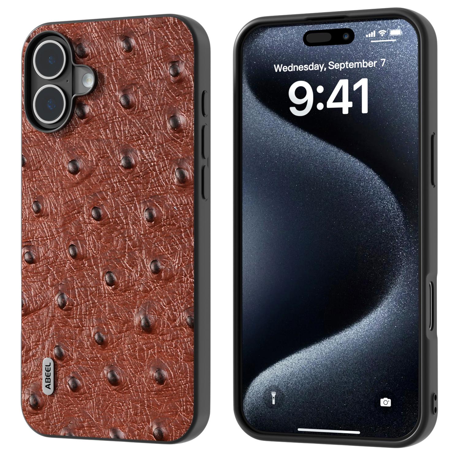 ABEEL For iPhone 16 Case Genuine Cow Leather+PC+TPU Phone Cover Ostrich Texture C