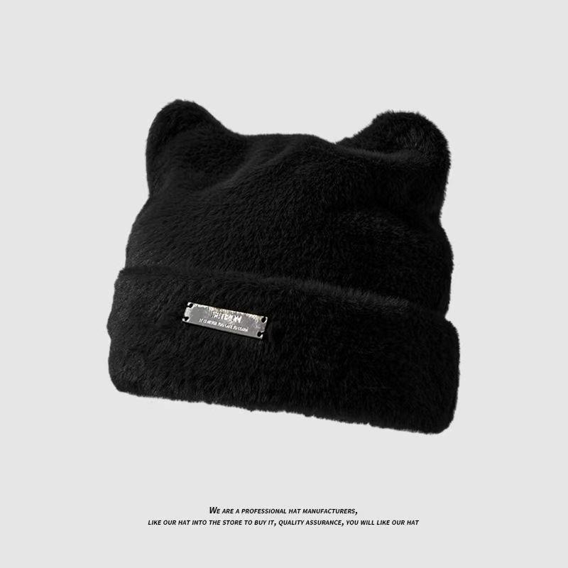 Autumn and winter bear ears plush hat women's thickened warm ear protection wool hat big head circumference versatile bag head knitted hat