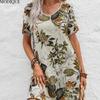 MODIQUE 2025 Sommer Neue frauen Casual Blumen Und Pflanzen Drucken Meah Kurze Kleid Damen Retro A-linie V-ausschnitt Kleid