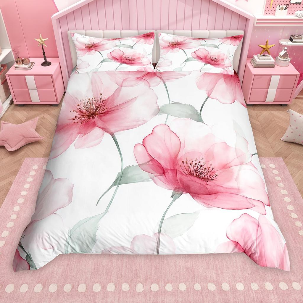 Homewish Watercolor Lotus Flower Duvet Cover Set for Girls, Oil Painting Floral Bedding Set, Botanical Blossom Comforter Cover