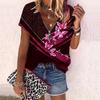 Women's Top Summer New Fashion Rose Flower Sparkling Butterfly Printed Casual Zipper V-neck Short Sleeve Top