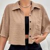 Camicia da Donna con Collo a Revers Manica Corta Top Corti Tipo Monopetto Casual con Tasca a Toppa