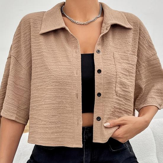 Camicia da Donna con Collo a Revers Manica Corta Top Corti Tipo Monopetto Casual con Tasca a Toppa
