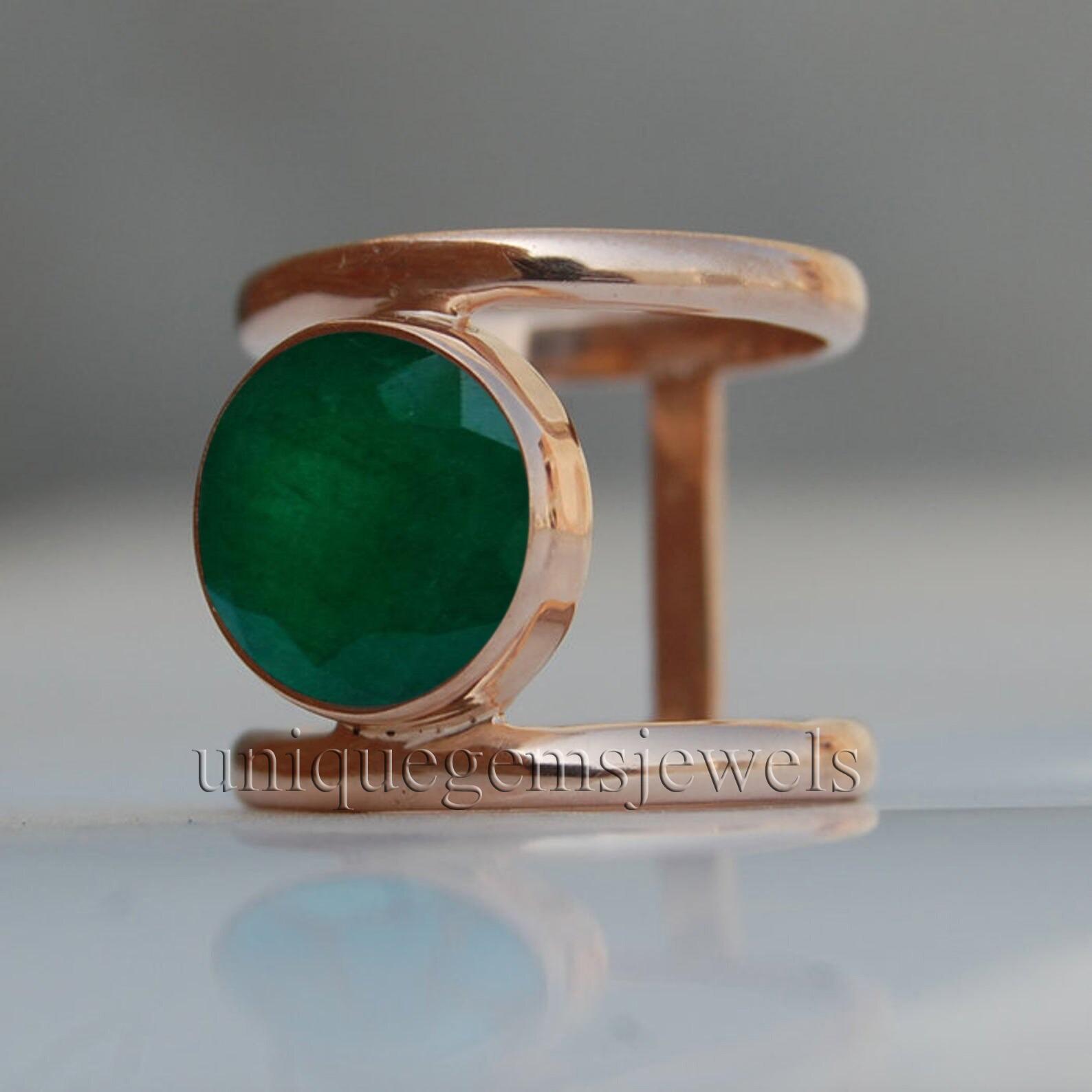 

Круглий Необроблений Зелений Смарагд Дорогоцінний Камінь Срібло 925 проби Покриття Рожевим Золотом Кільце, Кільце-Обручка Смарагд Камінь Народження 10 Яскраво-рожевий