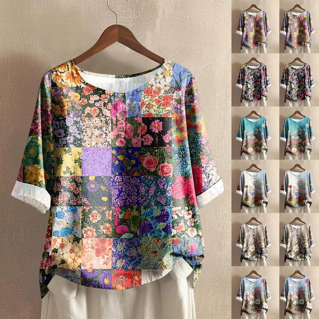 Women's Fashionable And Casual Shirt Half-sleeve Round Neck Print Cotton And Linen Blouse Top