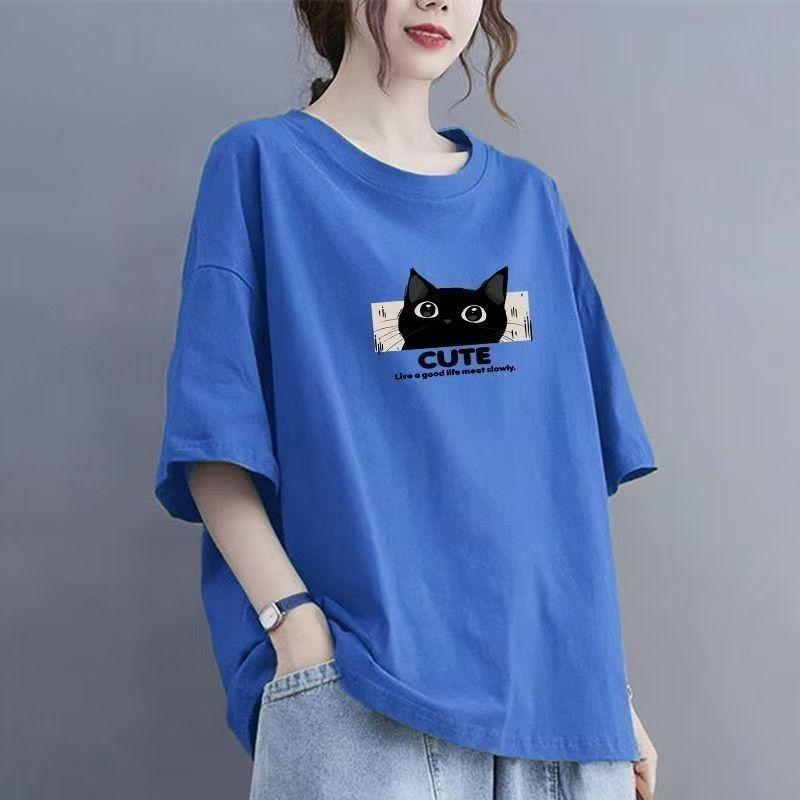 Cotton Short Sleeve T-shirt Women Loose Fashion Medium Sleeve Tops Summer Vintage T-Shirt