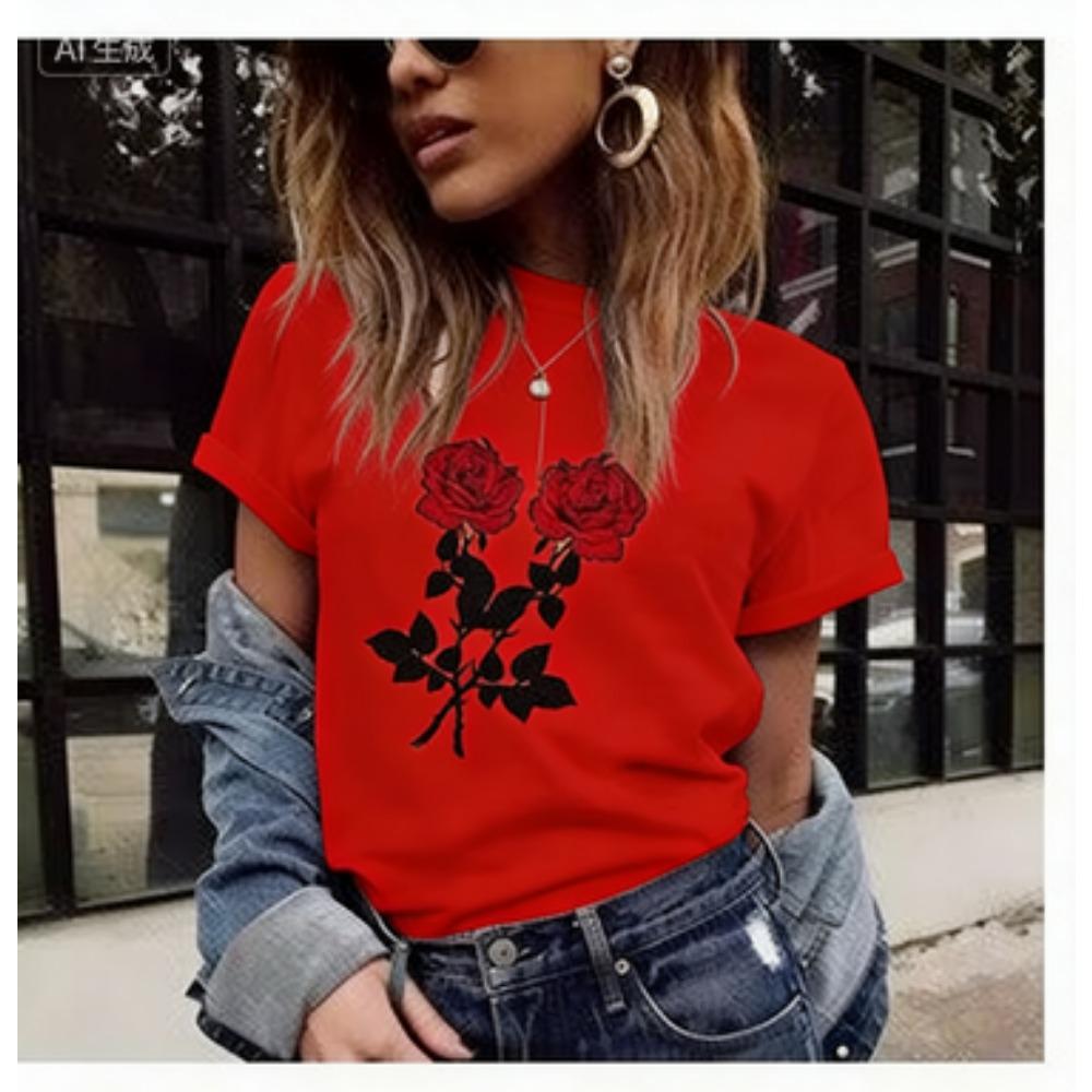 Crew Neck Short Sleeve Red Rose Print T Shirt Women's Outfits Casual Streetwear Fashion Lady Loose Clothing Tops