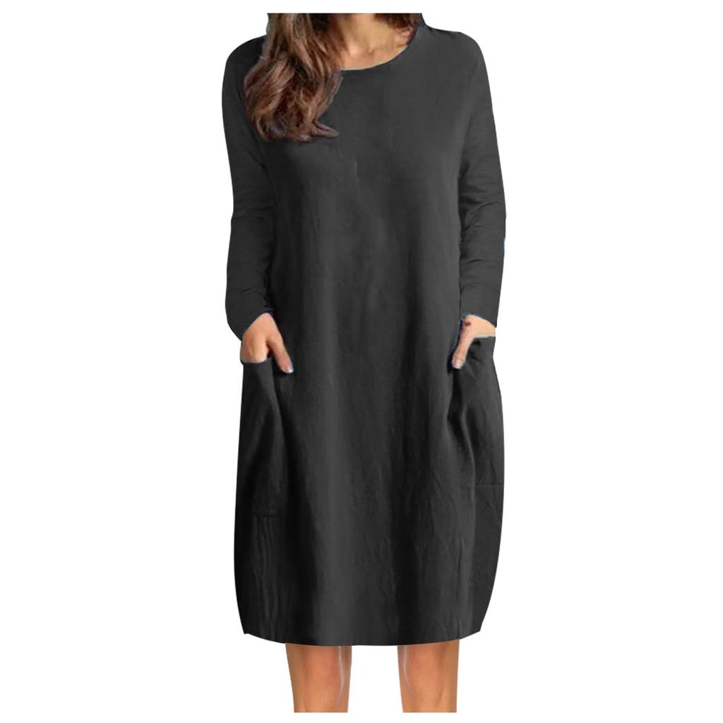 Women's Cotton Linen Loose Casual Solid Color Pocket Long Sleeve Dress