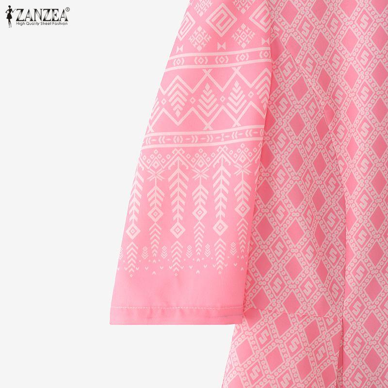 ZANZEA Women Casual Stand Collar Loose Half Sleeve Print Blouse