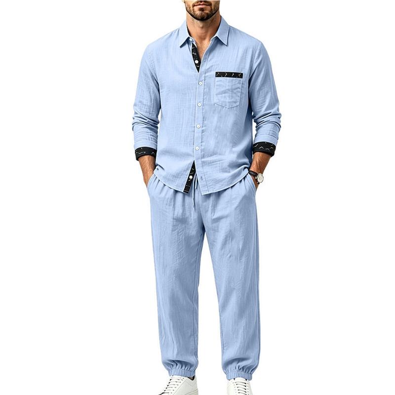 Men's 2‑Piece Linen‑Blend Set, Long‑Sleeve Button Shirt with Contrast Pattern Trim & Chest Pocket, Drawstring Jogger Pants Breathable Casual Outfit