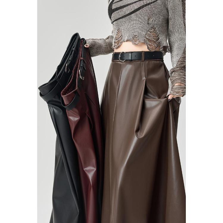Winter Women PU Leather Skirt Long Pleated High Waist A Line Fashion Clothes
