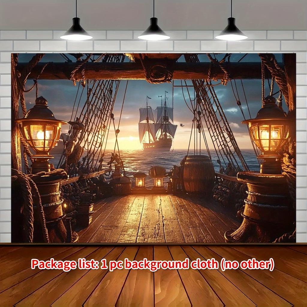 Telo di sfondo con scena di nave pirata al tramonto dorato, striscione per feste in stile retrò, decorazione da esterno