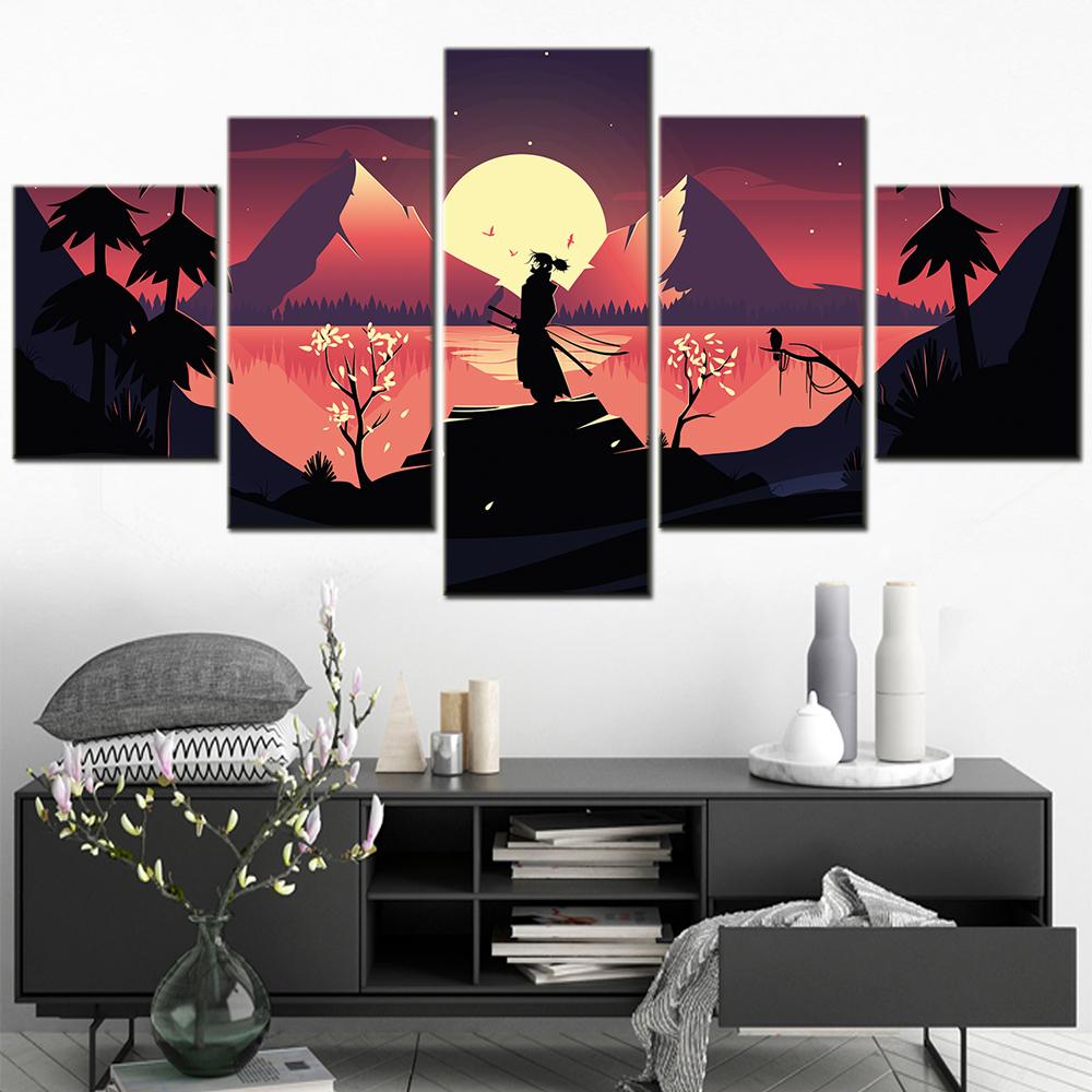 5 Panels Canvas Wall Art Home Decor Painting Vector Samurai Landscape In Cartoon Style HD Printed Poster  for Pictures