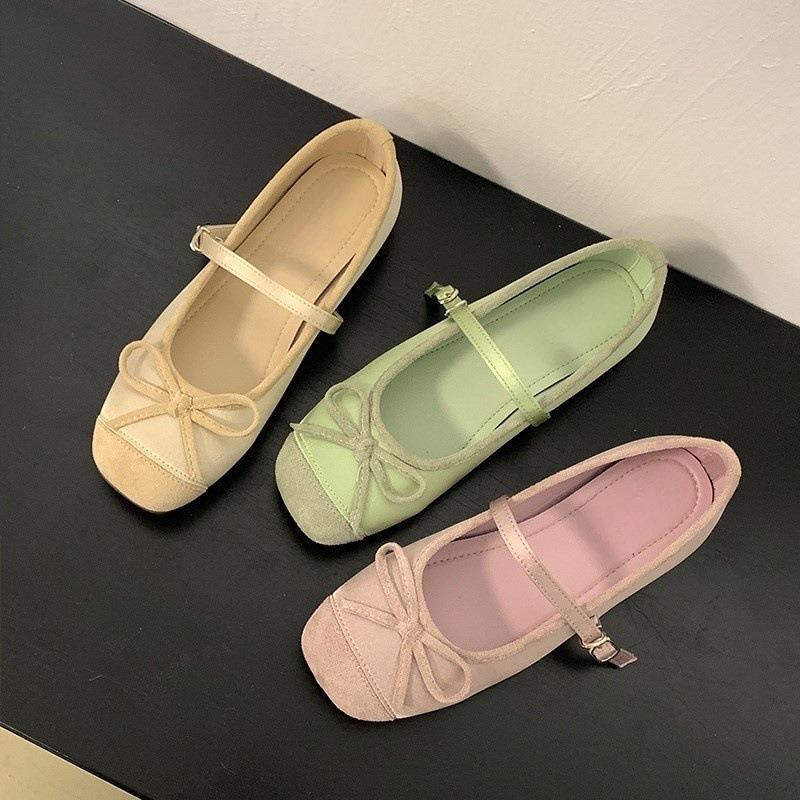 Bow splicing single shoes women's new one-button ballet flats